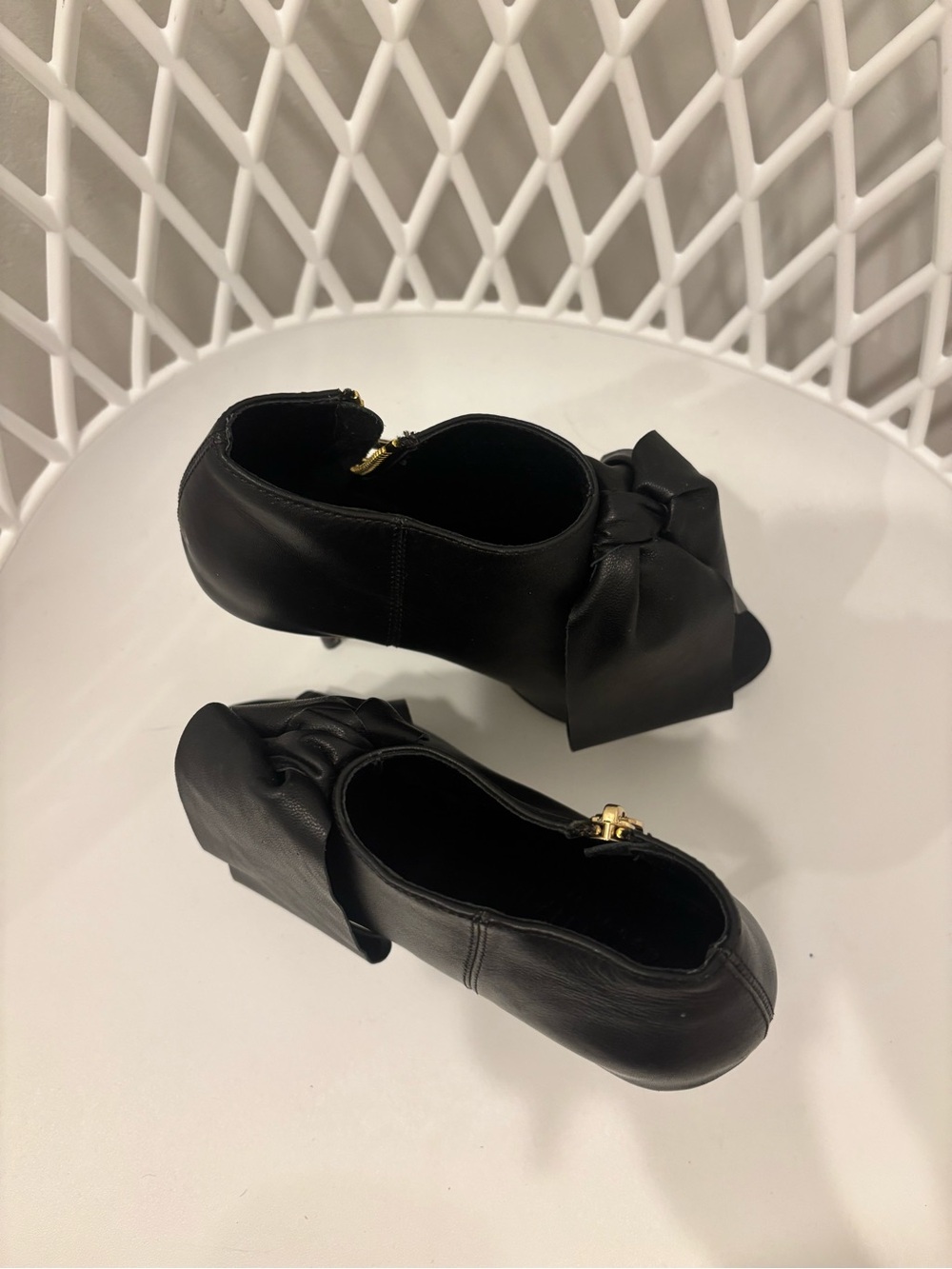 Aminah Abdul Jillil Black Peep-Toe Bow Ankle Heels with Gold Zip Accent - Picture 4 of 4